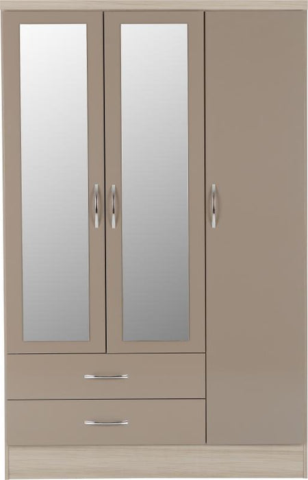 Nevada 3 Door 2 Drawer Mirrored Wardrobe in Oyster Gloss/Light Oak Effect Veneer