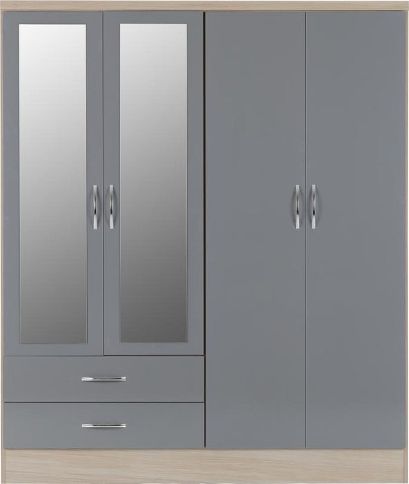 Nevada 4 Door 2 Drawer Mirrored Wardrobe in Grey Gloss/Light Oak Effect Veneer