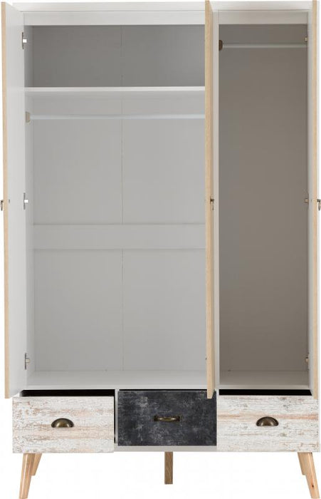 Nordic 3 Door 3 Drawer Wardrobe in White/Distressed Effect
