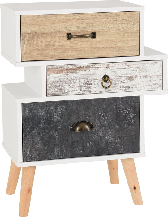 Nordic 3 Drawer Bedside Chest in White/Distressed Effect