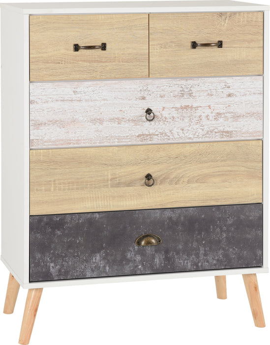 Nordic 3+2 Drawer Chest in White/Distressed Effect