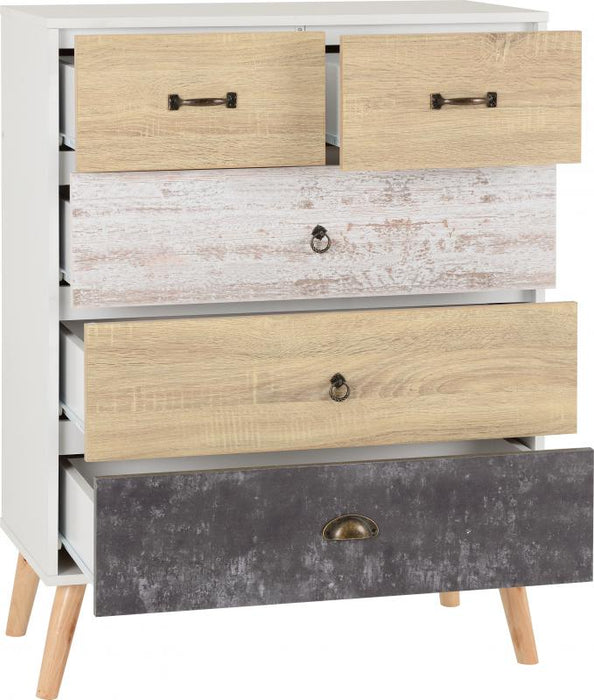 Nordic 3+2 Drawer Chest in White/Distressed Effect