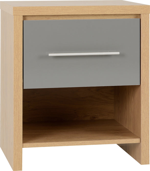 Seville 1 Drawer Bedside Cabinet in Grey High Gloss/Light Oak Effect Veneer