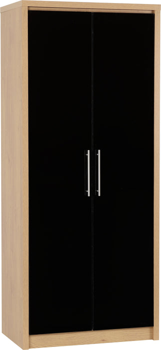 Seville 2 Door Wardrobe in Black High Gloss/Light Oak Effect Veneer