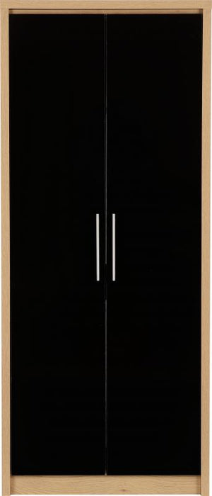 Seville 2 Door Wardrobe in Black High Gloss/Light Oak Effect Veneer