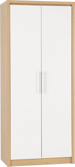 Seville 2 Door Wardrobe in White High Gloss/Light Oak Effect Veneer