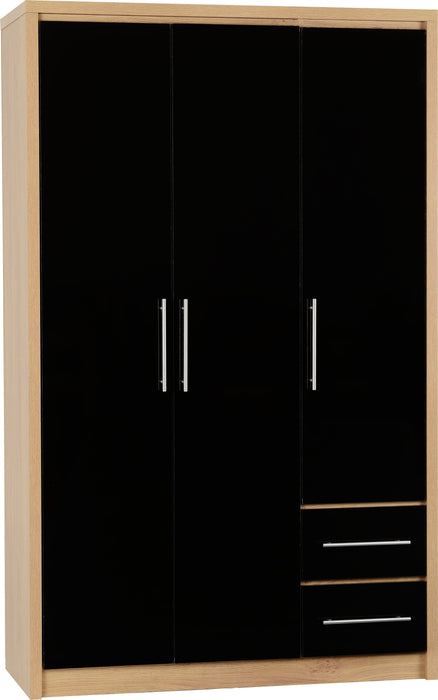 Seville 3 Door 2 Drawer Wardrobe  in Black High Gloss/Light Oak Effect Veneer
