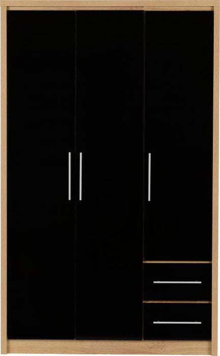 Seville 3 Door 2 Drawer Wardrobe  in Black High Gloss/Light Oak Effect Veneer