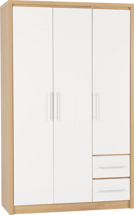 Seville 3 Door 2 Drawer Wardrobe in White High Gloss/Light Oak Effect Veneer